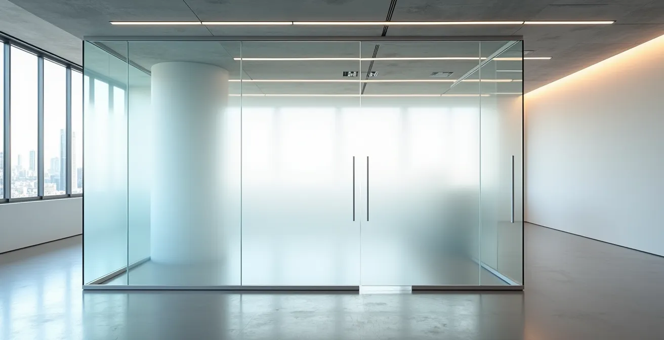 Vue large d'un espace de bureau moderne avec cloisons mobiles créant différentes configurations