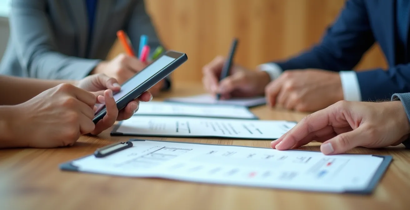 Gros plan sur des mains tenant différents objets symbolisant des types de réunion variés