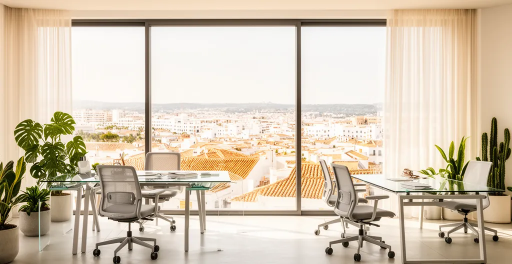 Espace de bureaux lumineux avec grandes baies vitrées donnant sur un environnement méditerranéen