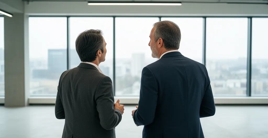 Agent immobilier et entrepreneur visitant un espace de bureaux vide, vue de profil